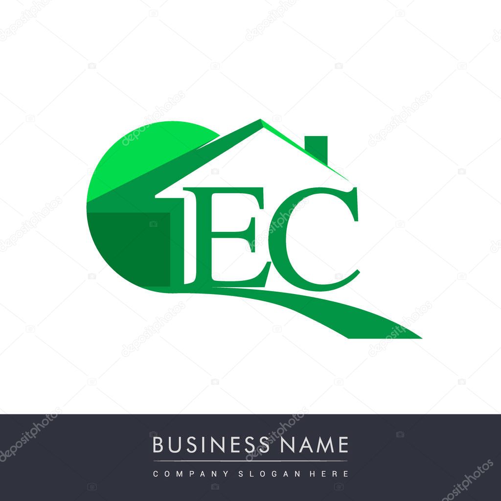 Vector green illustration of house, circle and alphabet letters ec