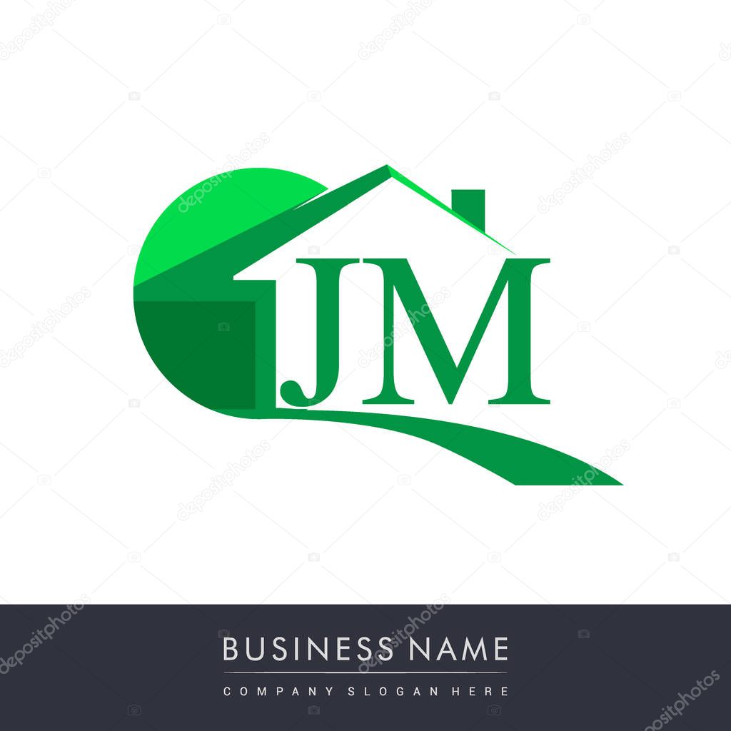White background, green vector illustration of house, circle and letters jm