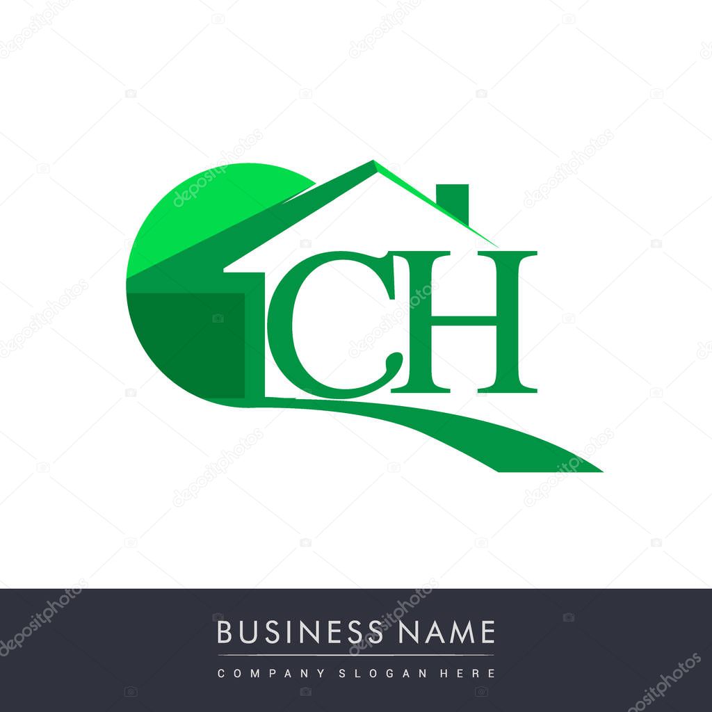 vector green illustration of house, circle and alphabet letters ch