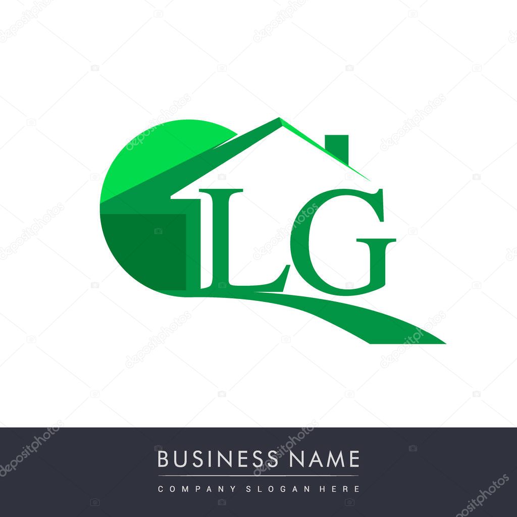 White background, green vector illustration of house, circle and letters lg