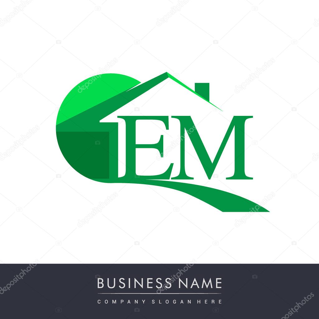 Vector green illustration of house, circle and alphabet letters em
