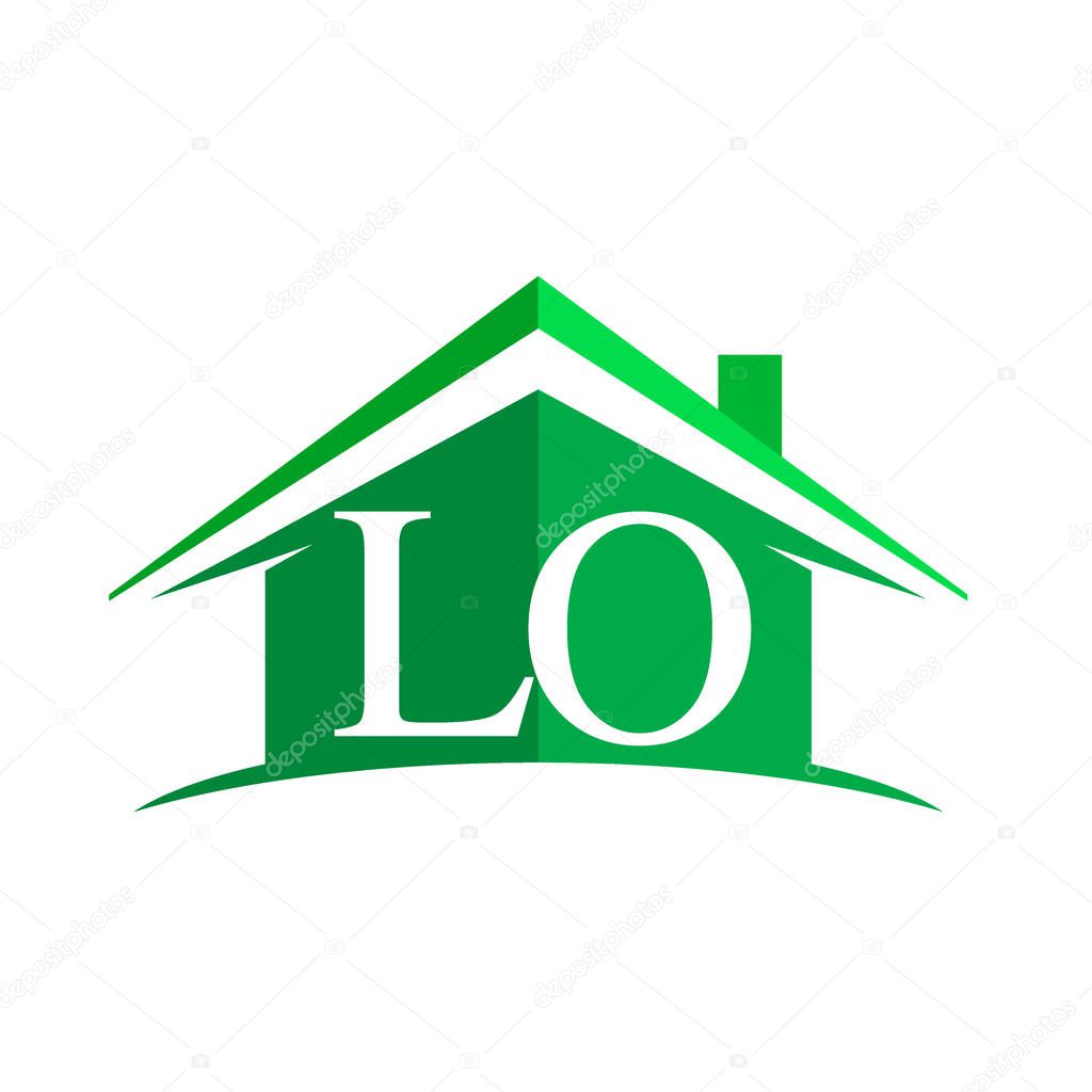 White letters lo on green house background