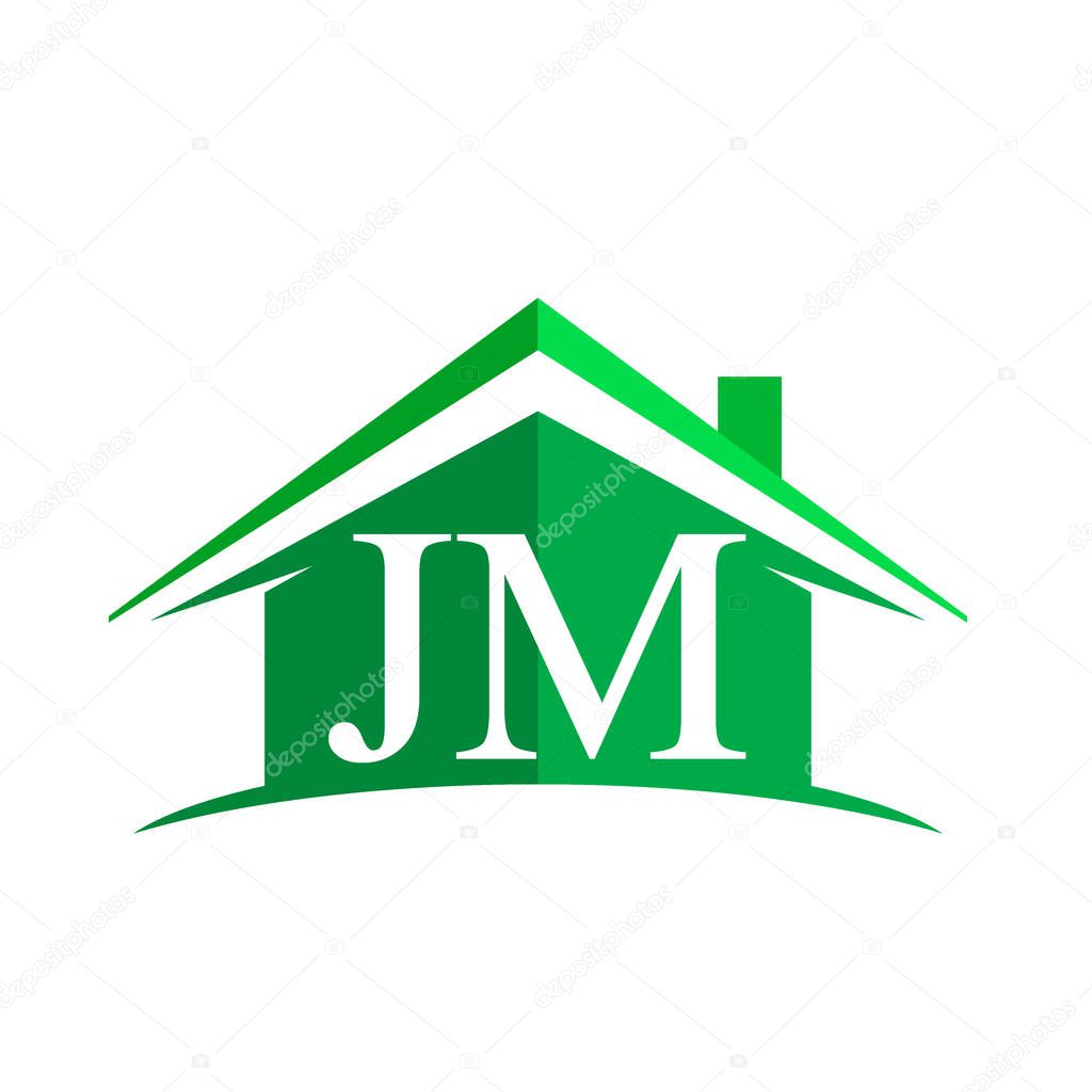 White letters jm on green house background