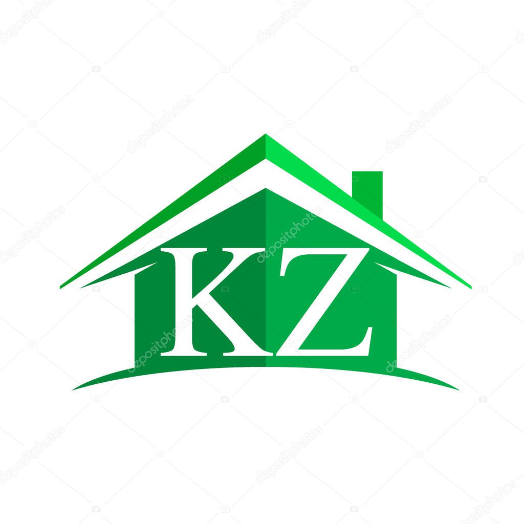White letters kz on green house background