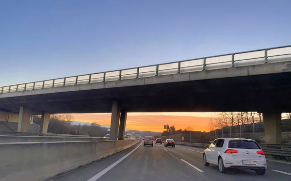 Beau Coucher Soleil Sur Autoroute Près Ville Eberstalzell Autriche — Photo