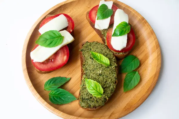 Traditional Italian Caprese Bruschetta Sandwich Toast Basil Pesto Sauce Mozarella — Stock Photo, Image