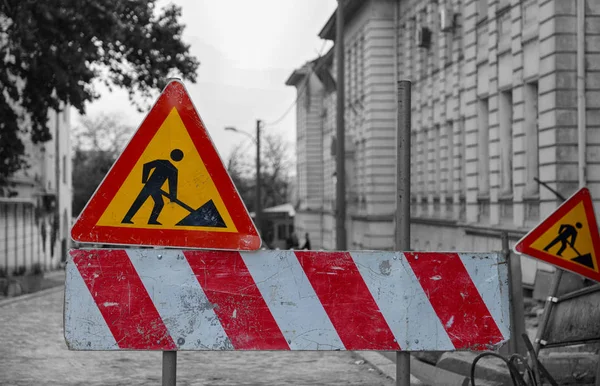 Traffic sign for construction works in street