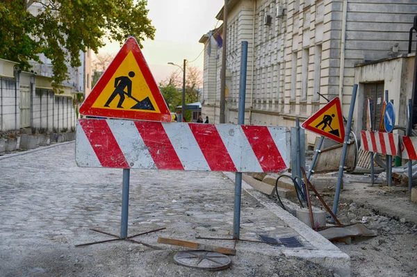 Traffic sign for construction works in street