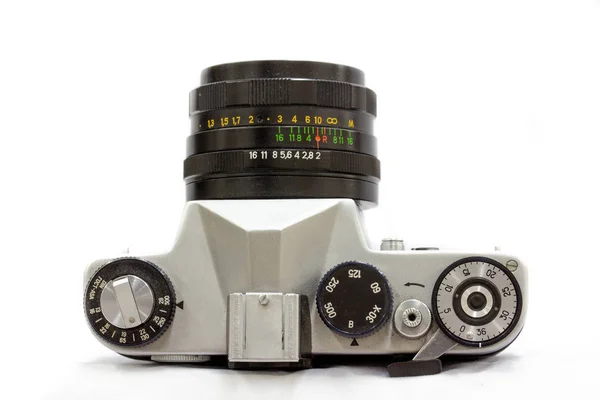 Die Steuerung Dieser Alten Silbernen Slr Kamera Erfolgte Mit Hilfe — Stockfoto
