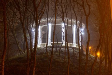 Korkunç bir rüya bir sisli bir gece beyaz kule sürünen ağaçlarıyla çevrili dağ içinde