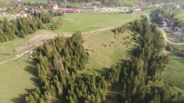 Dağlar ve köy orman üzerinde uçuş. Ukrayna Karpatlar havadan görünümü
