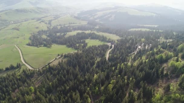 Voar sobre a floresta nas montanhas. Vista aérea dos Cárpatos Ucranianos — Vídeo de Stock