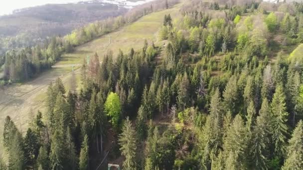 Flug über den Wald mit Liften in den Bergen. Luftaufnahme der ukrainischen Karpaten — Stockvideo