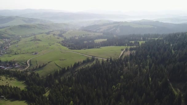 Voo sobre a floresta nas montanhas e na aldeia. Vista aérea dos Cárpatos Ucranianos — Vídeo de Stock