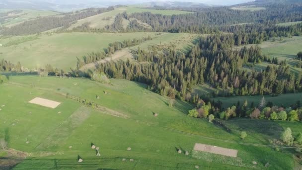 Survolez la forêt dans les montagnes et le village. Vue aérienne des Carpates ukrainiennes 