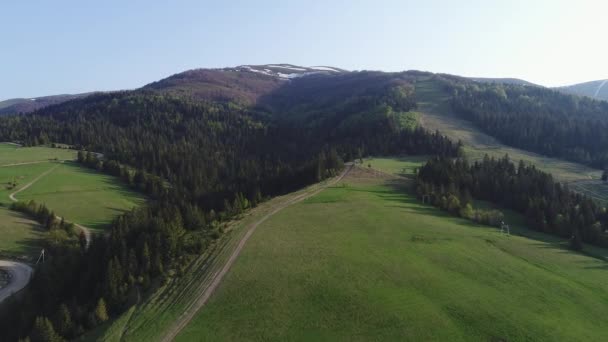 Let nad v lese v horách a vesnici. Letecký pohled na ukrajinských Karpat — Stock video
