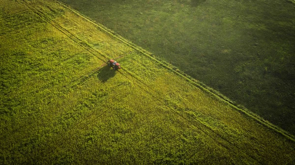 Macchine agricole sul campo. Trattore con spruzzatore. Vista aerea — Foto Stock
