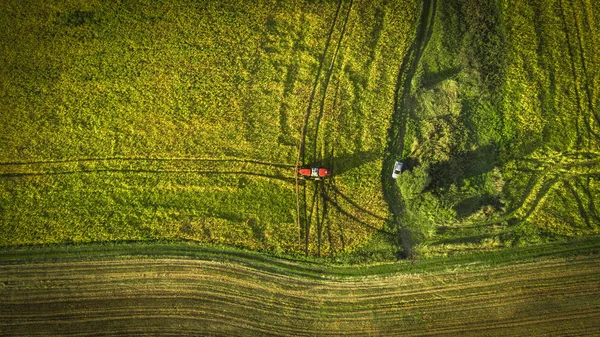 Maszyny rolnicze w polu. Traktor ze spryskiwaczem. Widok z lotu ptaka — Zdjęcie stockowe