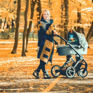 Genç bir anne bir bebek arabası ile sonbahar parkta yürüyor