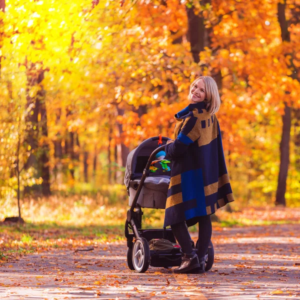 Genç bir anne bir bebek arabası ile sonbahar parkta yürüyor — Stok fotoğraf