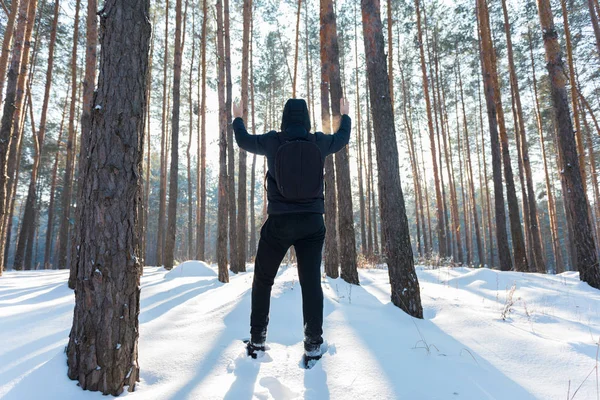 A man walks through the winter forest