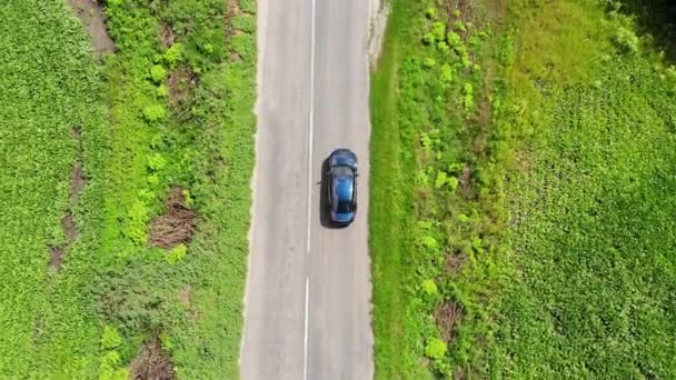 A câmera está perseguindo o carro que dirige ao longo da estrada entre os campos verdes . — Vídeo de Stock