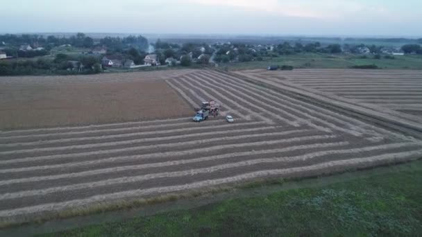 Mähdrescher entlädt Getreide im LKW. Luftbild — Stockvideo