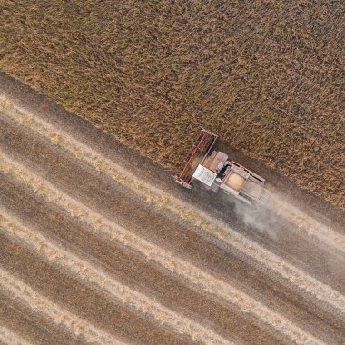 Çalışma alanı ve Mowser soya hasat. Ukrayna. Havadan görünümü.