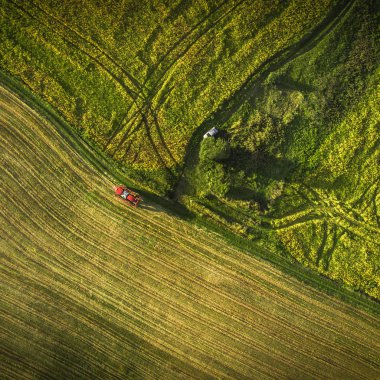 Tarım Makinaları alanında. Traktör bir püskürtücü ile. Havadan görünümü