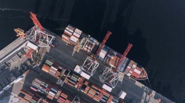 Konteyner kargo gemisi ithalat ihracat iş lojistik, yük taşımacılığı, havadan görünümü.