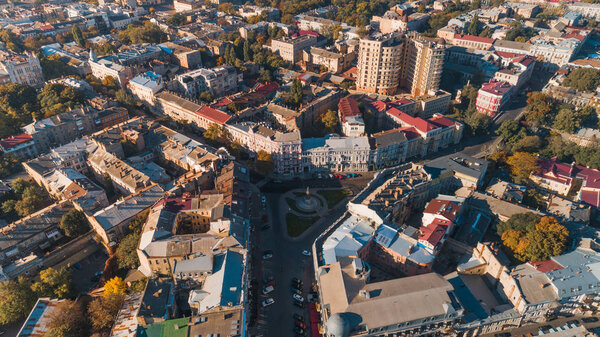 Aerial view of the Monument to the founders of Odessa, Ukraine. City panorama
