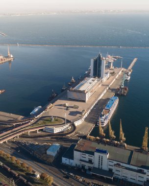 Bağlantı noktası ve deniz, Ukrayna Odessa havadan görünümü Panoraması