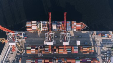 Konteyner kargo gemisi ithalat ihracat iş lojistik, yük taşımacılığı, havadan görünümü.