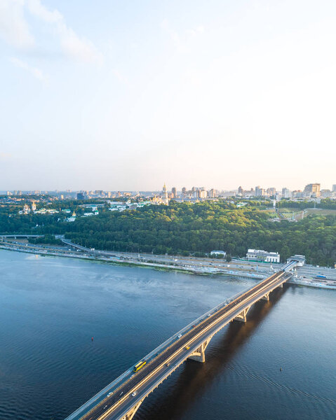 Panoramic aerial view of the right bank of Kiev from the side of the Dnieper. Subway bridge