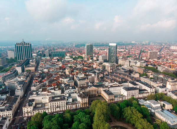 Panoramic aerial view of the central part of Brussels, the park, the Brussels Cathedral and the business part of the city, Belgium. Photo from drone