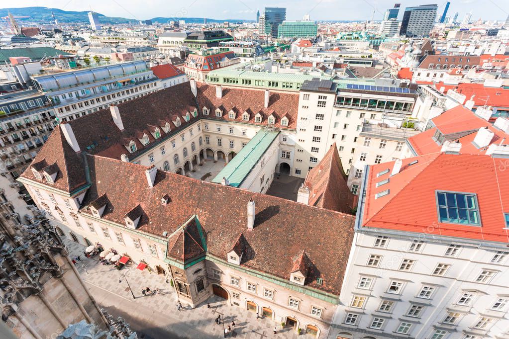 View of the city from the observation deck of St. Stephens Cathedral in Vienna, Austria