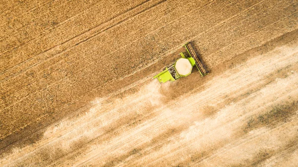 Kombajn v poli a žne pšenici. Ukrajina. Letecký pohled. — Stock fotografie