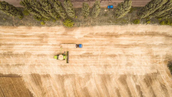 Una bella nuova mietitrebbia scarica il grano in un camion rimorchio sul campo. Vista aerea — Foto Stock