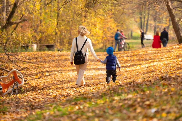 Mulher feliz com filho andando no parque de outono — Fotografia de Stock