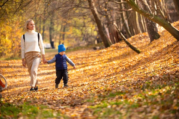 Mulher feliz com filho andando no parque de outono — Fotografia de Stock