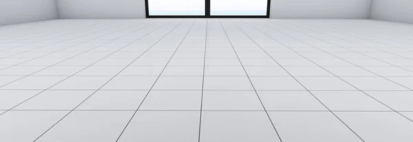 Beyaz zemin ve seramik fayanslar perspektifte. Zeminde penceresi olan, birbirine zıt siyah dikişleri olan beyaz parlak fayanslı bir oda.. — Stok fotoğraf