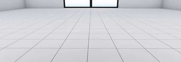 Sol blanc avec carreaux de céramique en perspective. Une chambre avec une fenêtre sur le sol avec carrelage blanc brillant propre avec des coutures noires contrastées. — Photo