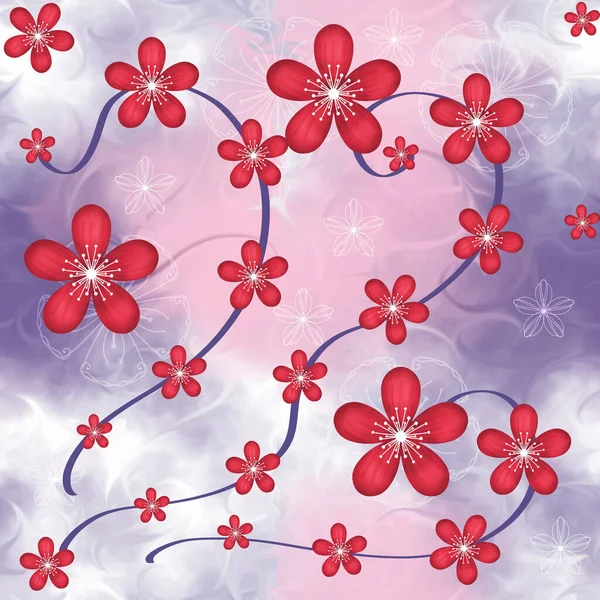 赤い花とシームレスな背景 薄紫色の背景に赤の花を結ぶシームレスなパターン — ストック写真