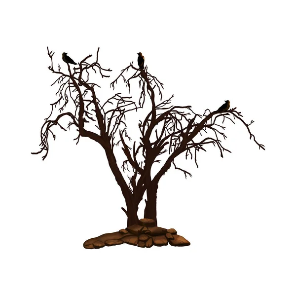 Dry Tree Ravens Isolated White Background Illustration — Stock Photo, Image