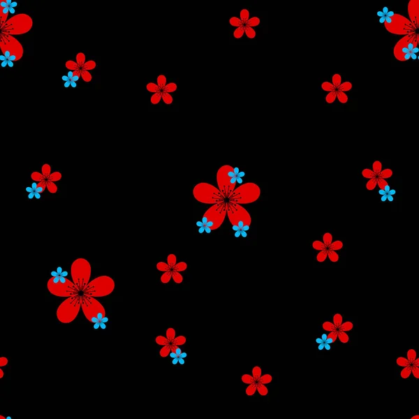 Seamless Pattern Red Blue Flowers Black Background — Stock Photo, Image