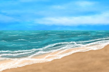 Deniz manzarası ve yaz plajı. Dijital sanat.