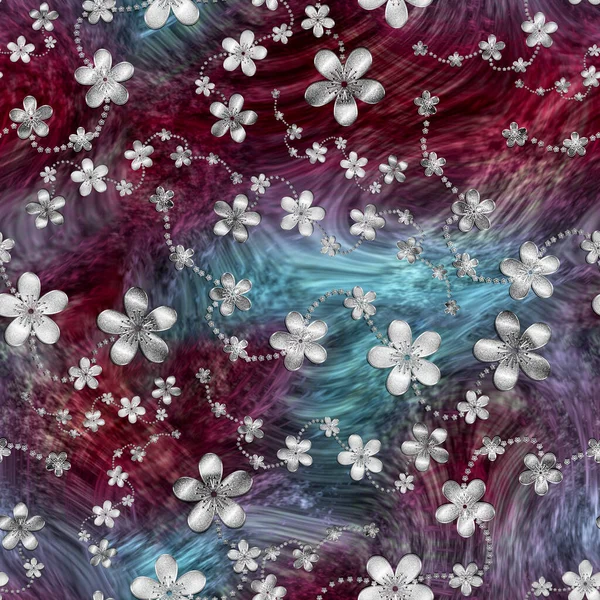Seamless Pattern Silver Flowers Background Dark Red Light Blue Colors — Stock Photo, Image