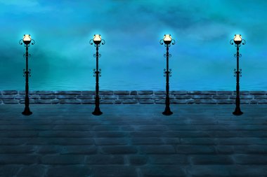 Fenerler, turkuaz nehir ve gökyüzü olan bir set. Dijital sanat.