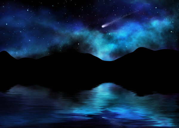 The universe is reflected in the lake in the mountains. Beautiful night sky with a flying comet.