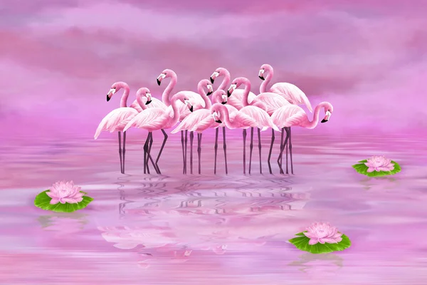 Pink flamingos on a pink lake with water lilies. Digital artwork.